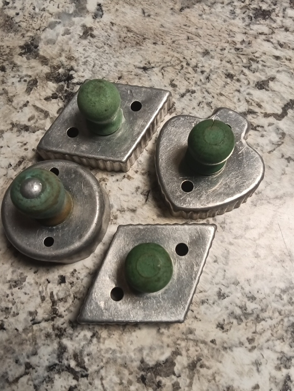 Vintage Aluminum Cookie Cutters with Green Handles - Set of 4